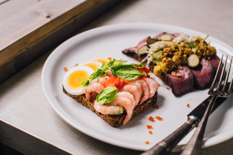 Danish,Smorrebrods,With,Shrimps,And,Eggs,And,Beef,With,Pickled