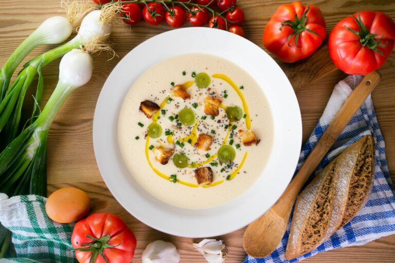 Spanish,Tapa,Cold,Soup,Of,Ajoblanco,With,Grapes.,Top,View